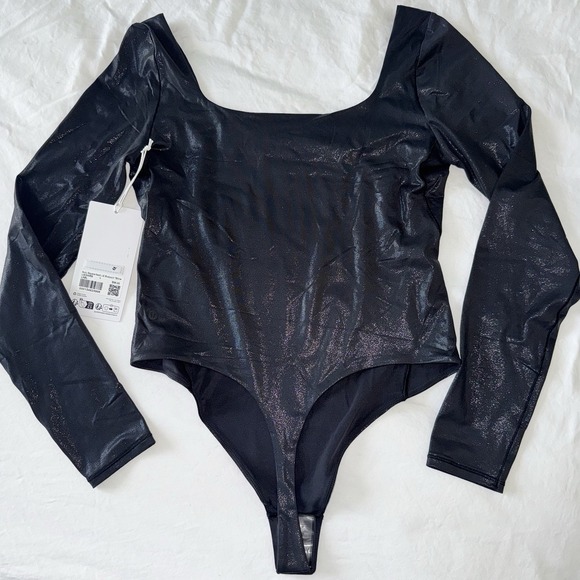 Lululemon Wundermost Square-Neck Black *SHINE* Bodysuit Nulu LS Thong Size L - Picture 5 of 11